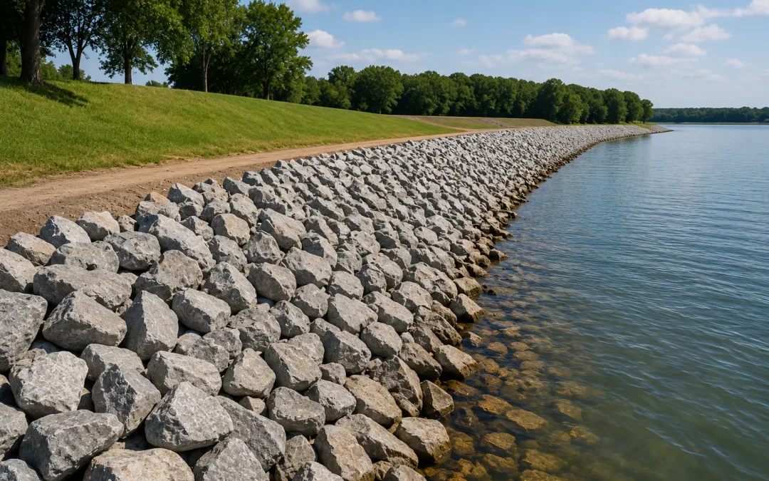 Riprap rock placed along a shoreline for erosion control