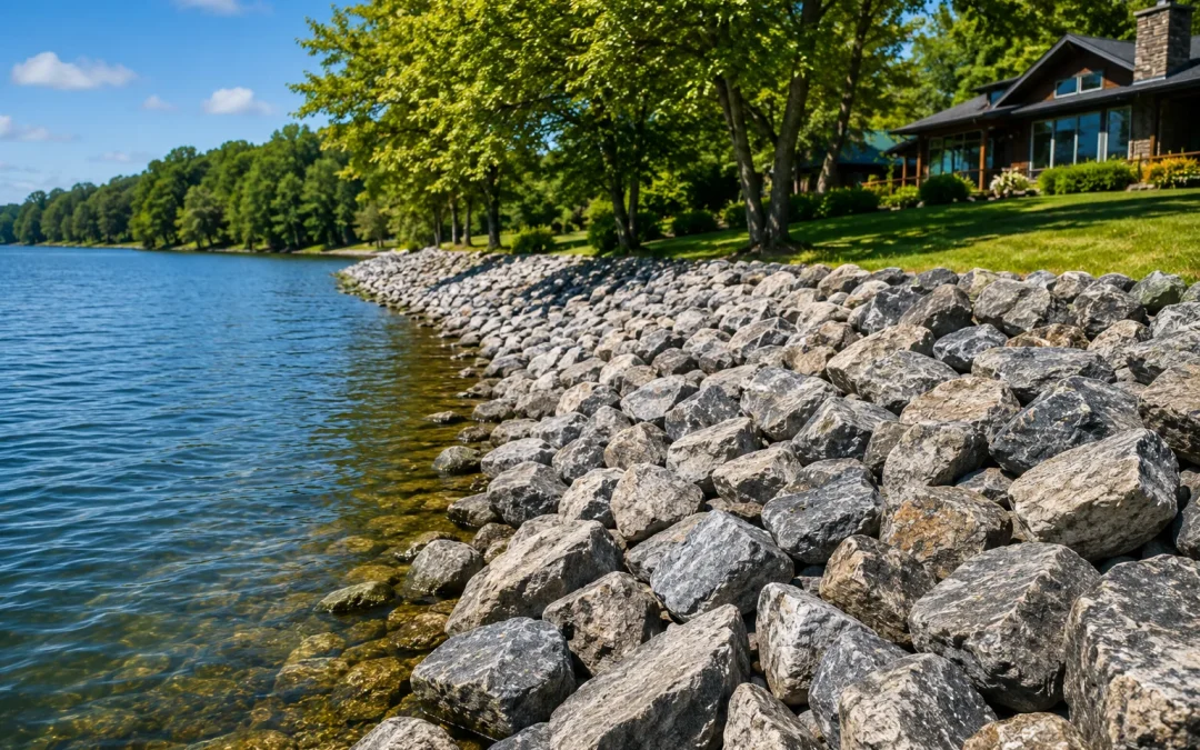 Riprap rock protecting a riverbank shoreline from erosion
